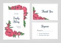 Bundle of elegant templates for wedding invitation, response card and thank you note with pink blooming poppy flowers