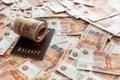 A bundle of five thousand Russian rubles is spread out on the table. There are passports Royalty Free Stock Photo