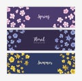 Bundle of floral banner templates with spring and summer blooming wild flowers and flowering plants. Set of decorative