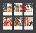 Bundle of flyer or postcard templates with abstract hand drawn textures with colorful paint stains, brush strokes, blots