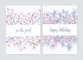 Bundle of flyer or postcard templates with forest cranberries and juniper branches with berries hand drawn with contour