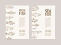 Bundle of flyer templates with fish and place for text. Cards with aquatic creatures, sea and ocean animals. Monochrome