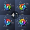 Bundle of four infographic design templates, circular diagrams with 3, 4, 5 and 6 spiral elements, start button in