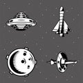 bundle of four space patches set icons in gray background Royalty Free Stock Photo