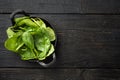 Bundle of fresh spinach, in frying cast iron pan or pot, on black wooden table background, top view flat lay, with copy space for Royalty Free Stock Photo