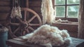 bundle of freshly sheared wool, soft and fluffy, resting on a rustic wooden table Royalty Free Stock Photo