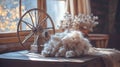 bundle of freshly sheared wool, soft and fluffy, resting on a rustic wooden table Royalty Free Stock Photo
