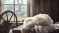 bundle of freshly sheared wool, soft and fluffy, resting on a rustic wooden table Royalty Free Stock Photo