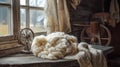 bundle of freshly sheared wool, soft and fluffy, resting on a rustic wooden table Royalty Free Stock Photo