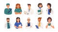 Bundle of friendly doctors wearing white coats and scurbs. Set of portraits of male and female medical workers, medics