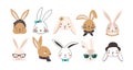 Bundle of funny bunny faces isolated on white background. Set of cute rabbits or hares wearing glasses, sunglasses, hat