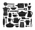 Bundle of glassware, kitchenware and cookware. Set of black silhouettes of kitchen utensils or tools for home cooking