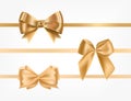 Bundle of golden satin ribbons decorated with bows.Collection of fancy decorative design elements. Set of festive gift