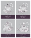 Bundle of gorgeous outline drawings of teapot, cup, green tea leaves, flowers, lemon, mint and jasmine. Set of delicious