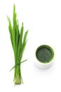 A bundle of green wheatgrass and a shot of fresh wheat grass juice