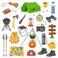 Bundle hiking. Big set of items for camping, trekking, tourism and travel.