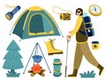 Bundle hiking. A man with a backpack is going on a hike, a campfire, a tent, a flashlight, a compass, a camera, a