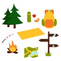 Bundle Hiking. Set things related to hiking. Vector illustration in flat style on a white background.