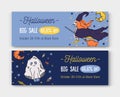 Bundle of horizontal holiday web banner templates with Halloween characters - witch and ghost. Vector illustration in Royalty Free Stock Photo