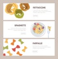 Bundle of horizontal web banner templates with different types of raw and prepared pasta hand drawn on white background