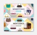 Bundle of horizontal web banner templates with men`s and women`s bags and handbags. Bright colored flat vector