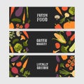 Bundle of horizontal web banner templates with tasty locally grown vegetables and place for text on black background