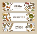 Bundle of horizontal web banner templates with various types of raw and cooked pasta. Special offer and dinner discount