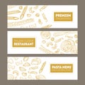 Bundle of horizontal web banners with various types of pasta hand drawn with contour lines on white background