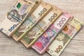 Bundle of Hryvnia uah - 100 200 500 on desk Royalty Free Stock Photo