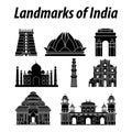 Bundle of India famous landmarks by silhouette style Royalty Free Stock Photo