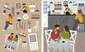 Bundle of isolated objects on the theme of a coffee shop and Cute vector illustration with people: couple drinking coffee at a Royalty Free Stock Photo