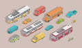 Bundle of isometric motor vehicles isolated on light background - car, scooter, bus, tram, trolleybus, minivan, bicycle