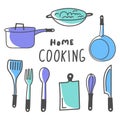 Bundle of kitchen equipment icons vector illustration design. Kitchenware and utensils: pan, knife, skillet, whisk, cutting board