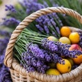 Bundle of lavender tied with jute string resting on basket of fruits.AI generated