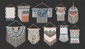 Bundle of macrame wall hangings isolated on black background. Set of handcrafted house decorations in Scandinavian style