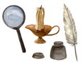 Bundle magnifying glass, candle and feather in an inkwell. Various objects for students and book lovers. Watercolor hand