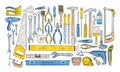 Bundle of manual and powered tools for handcraft and woodworking. Set of equipment for home repair and maintenance