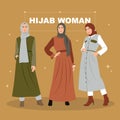 Bundle of modern young Muslim women wearing trendy clothes and hijab