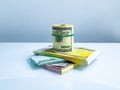 A bundle of money of American dollars and euros is rolled Royalty Free Stock Photo