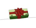 Bundle of money with a bow, gift, cash, banknotes, dollars, hryvnia, euro color, colored one line art. Continuous line