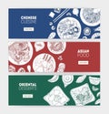 Bundle of monochrome horizontal web banners with Asian cuisine meals lying on plates hand drawn with contour lines on