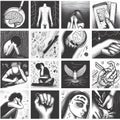 Bundle of monochrome illustrations of mental problems in modern world, artistic style.