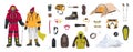 Bundle of mountaineering and touristic equipment, tools for mountain climbing, clothing, male and female mountaineers or