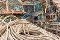 Fishery equipment: ropes and lobsters creels in a harbour.