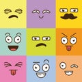 bundle of nine cartoon faces emoticons in set colors background