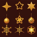 bundle of nine golden stars and balls happy merry christmas set icons