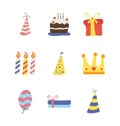 bundle of nine happy birthday celebration flat style icons