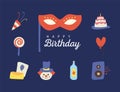 bundle of nine happy birthday celebration flat style icons and lettering