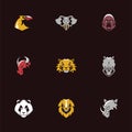 Bundle of nine heads animals emblems icons in black background