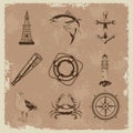 bundle of nine nautical gray elements set icons in vintage background